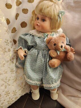Vintage Baby Girl Doll with Teddy Bear Light Green Floral Dress Blonde Hair